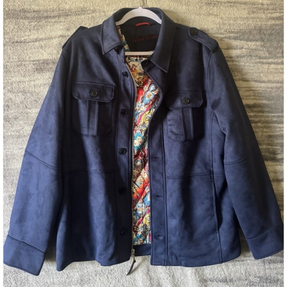 Robert Graham Men Blue Vegan Suede Utility Jacket RG-50 Quilted Paisley Lining M